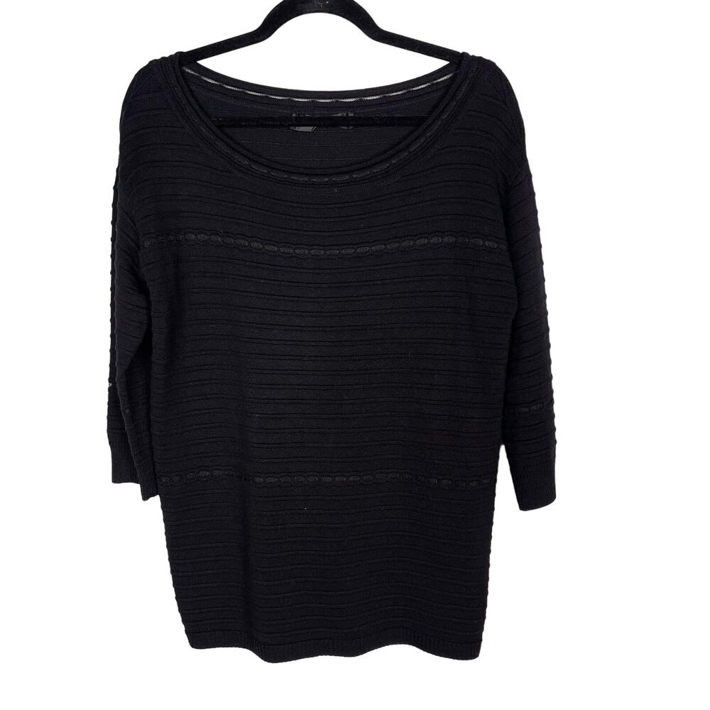 St John Medium M Black 3/4 Sleeve Ottoman Stripe Knit Sweater with Side Lace Up